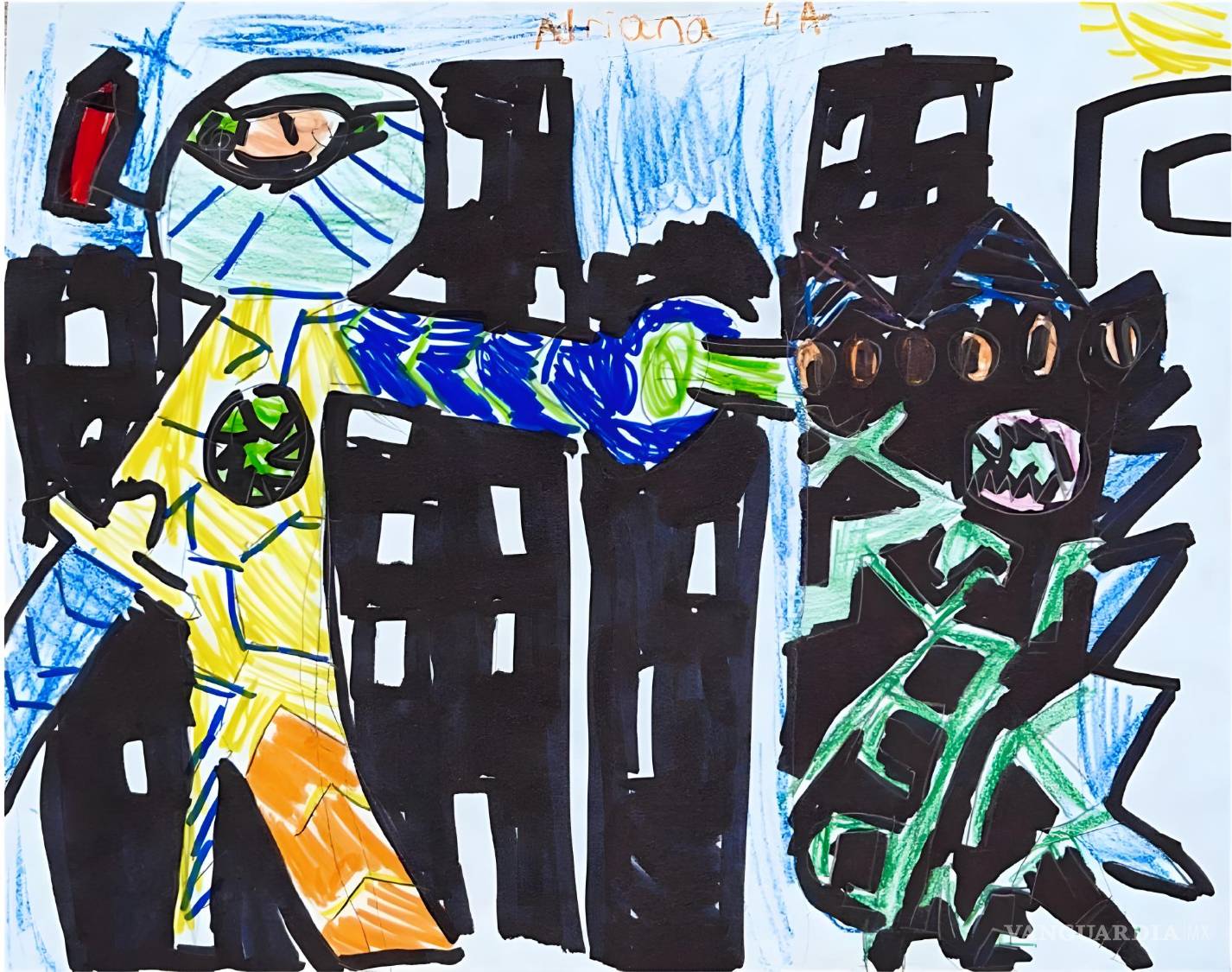 $!En el dibujo original de Adriana, vemos a Paponcio man subido en un robot que es incluso más grande que el monstruo al que se enfrenta. Podemos ver a acción muy colorida.