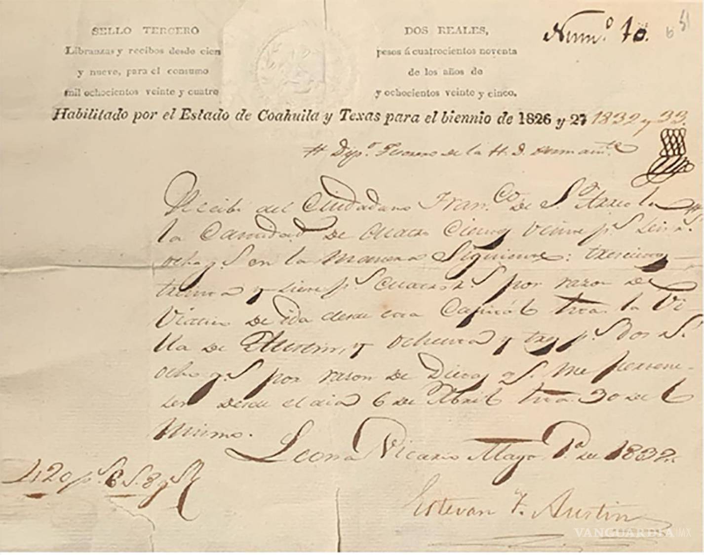 $!Recibo del Congreso de Coahuila y Texas firmado por Stephan F. Austin Mayo 21 de 1832.