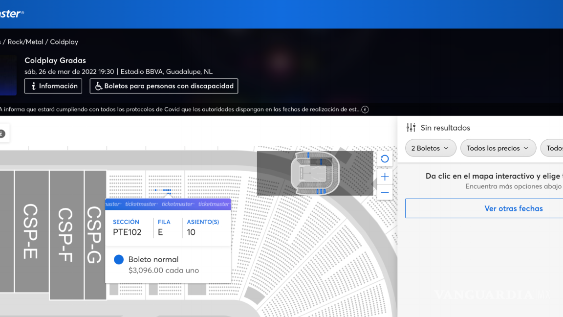 $!En la página de Ticketmaster ya hay lugares liberados en el área de gradas del Estadio BBVA para el 26 de marzo.