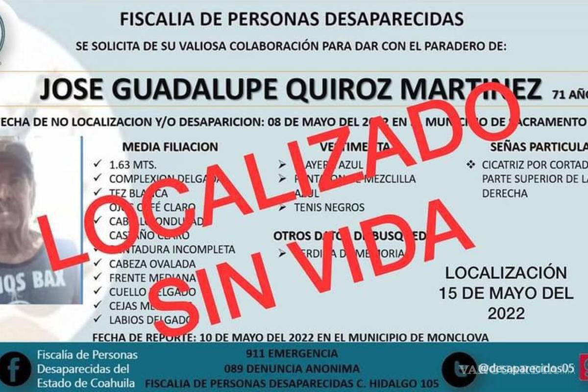 Localizan sin vida a ‘Chepe’ Quiroz; se extravió desde hace una semana en Sacramento, Coahuila