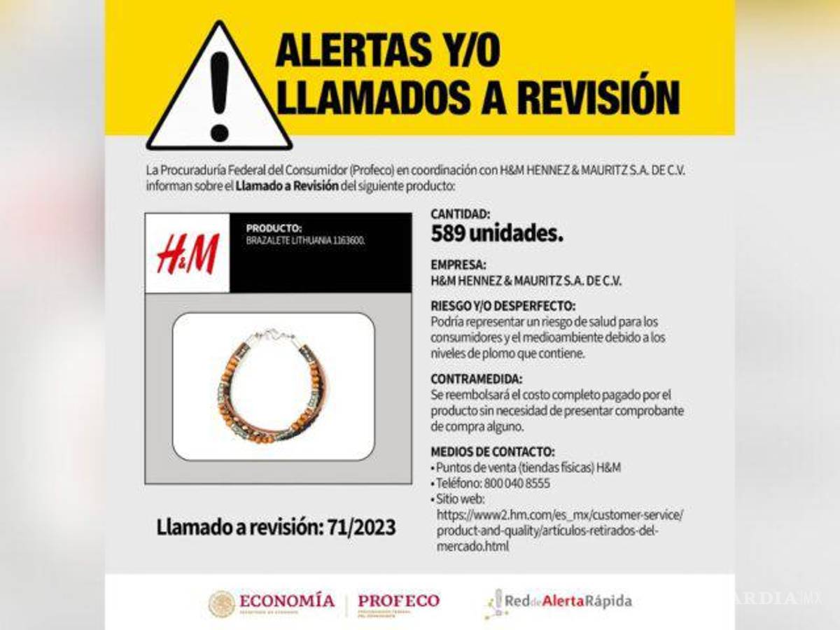 $!Brazaletes de H&amp;M tienen niveles elevados de plomo, advierte Profeco