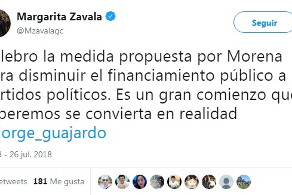 Margarita Zavala apoya recorte a partidos propuesto por Morena