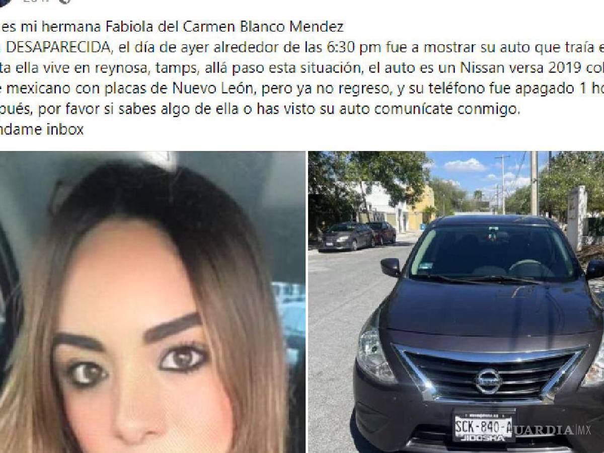 $!Fabiola desapareció en Tamaulipas, tras ir a vender su auto