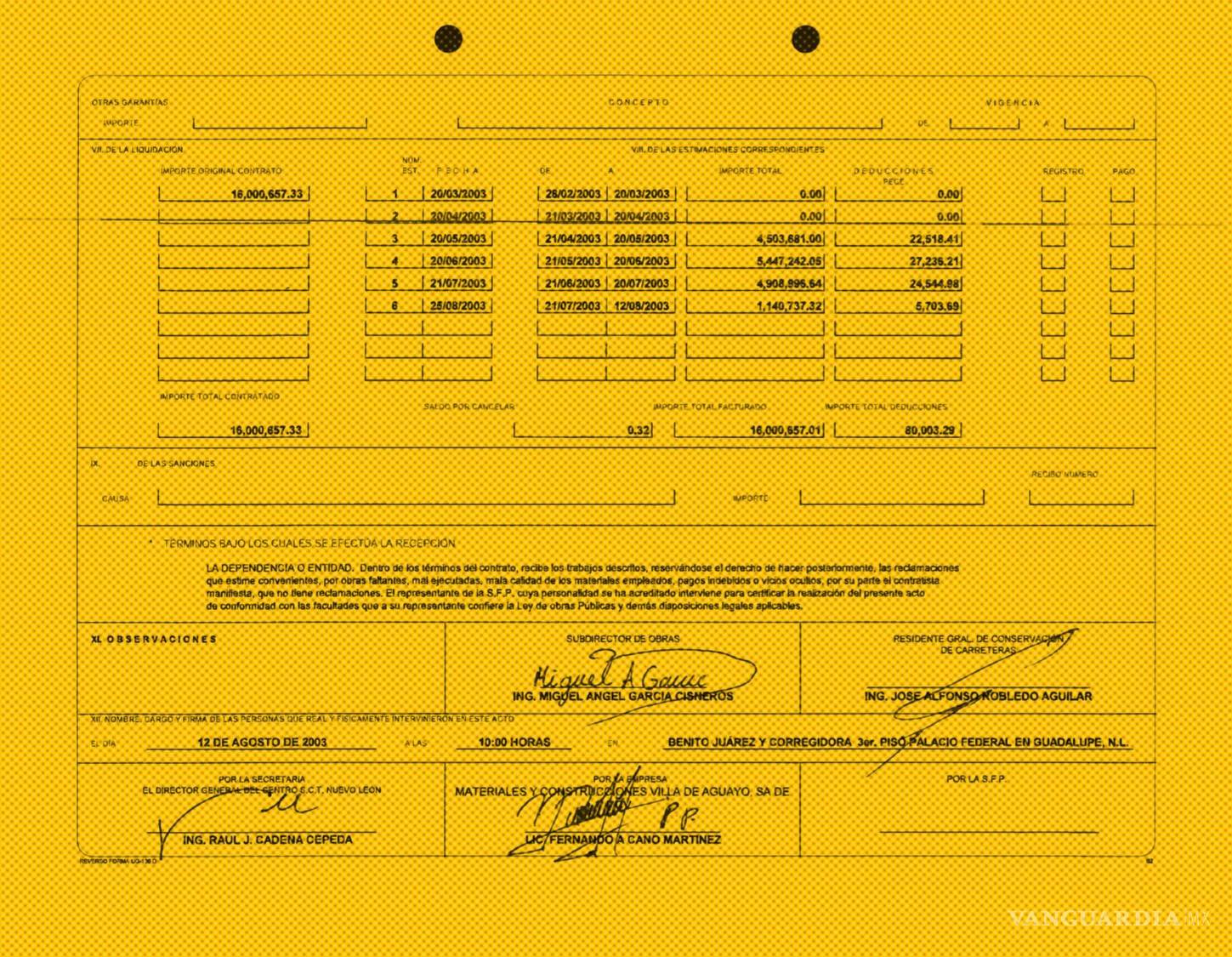 $!Las pocas pruebas que amparan la realización de obras de parte de la empresa Materiales y Construcciones Villa de Aguayo son actas de entrega-recepción como ésta.