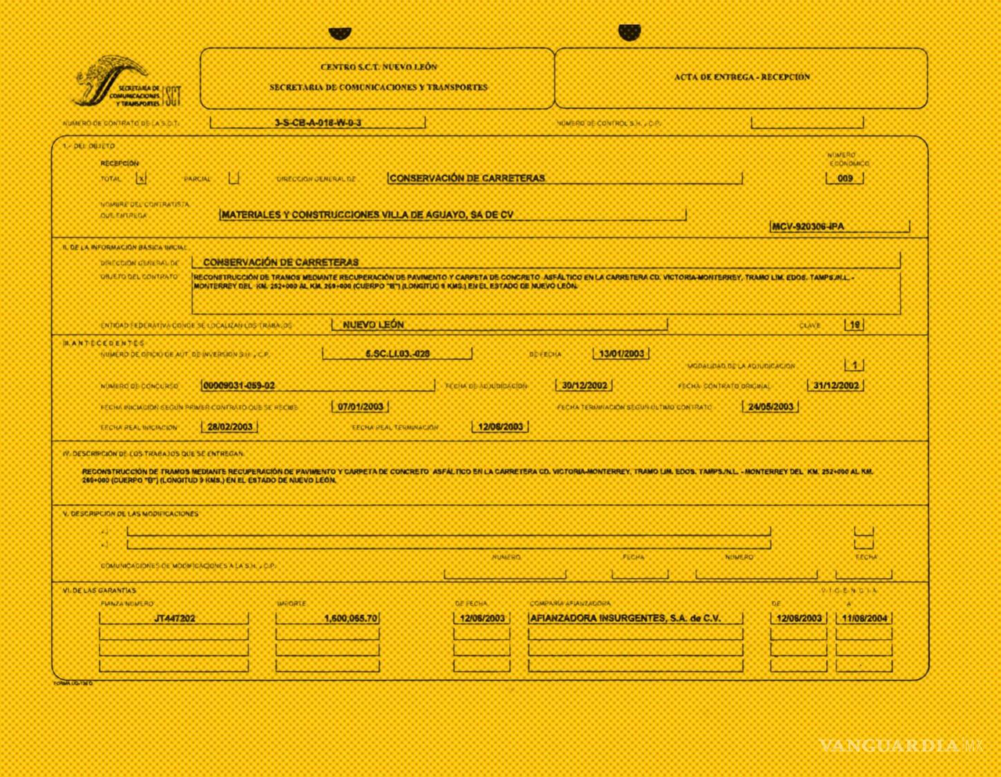$!Las pocas pruebas que amparan la realización de obras de parte de la empresa Materiales y Construcciones Villa de Aguayo son actas de entrega-recepción como ésta.