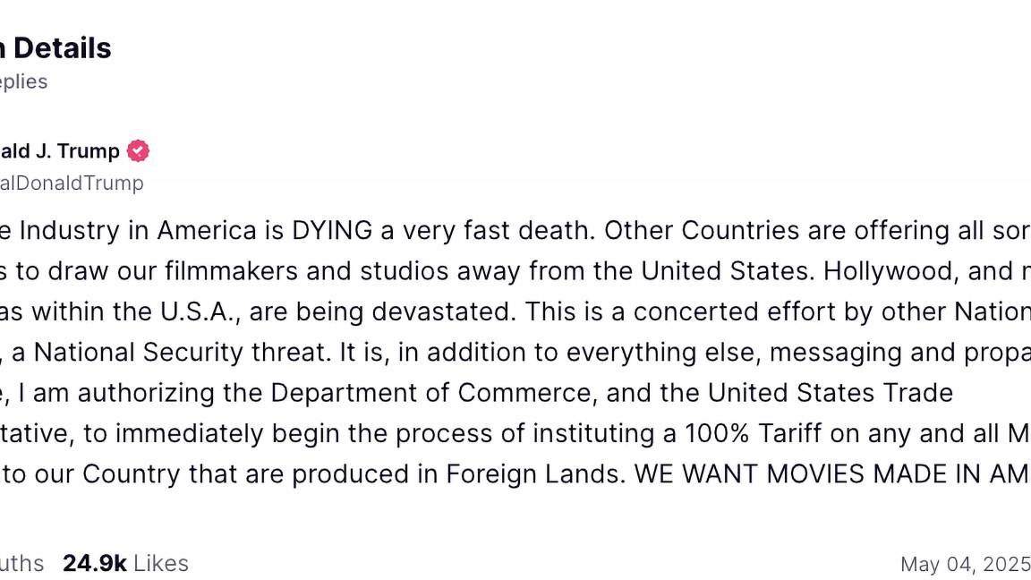 $!Trump autorizó al Departamento de Comercio y a la Oficina del Representante Comercial la imposición de un arancel del 100% “a cualquier y todas las películas que entren a nuestro país y que sean producidas en tierras extranjeras”.