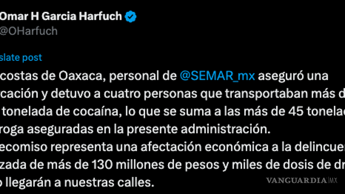 $!En costas de Oaxaca, Semar asegura embarcación con casi una tonelada de droga: Omar Harfuch