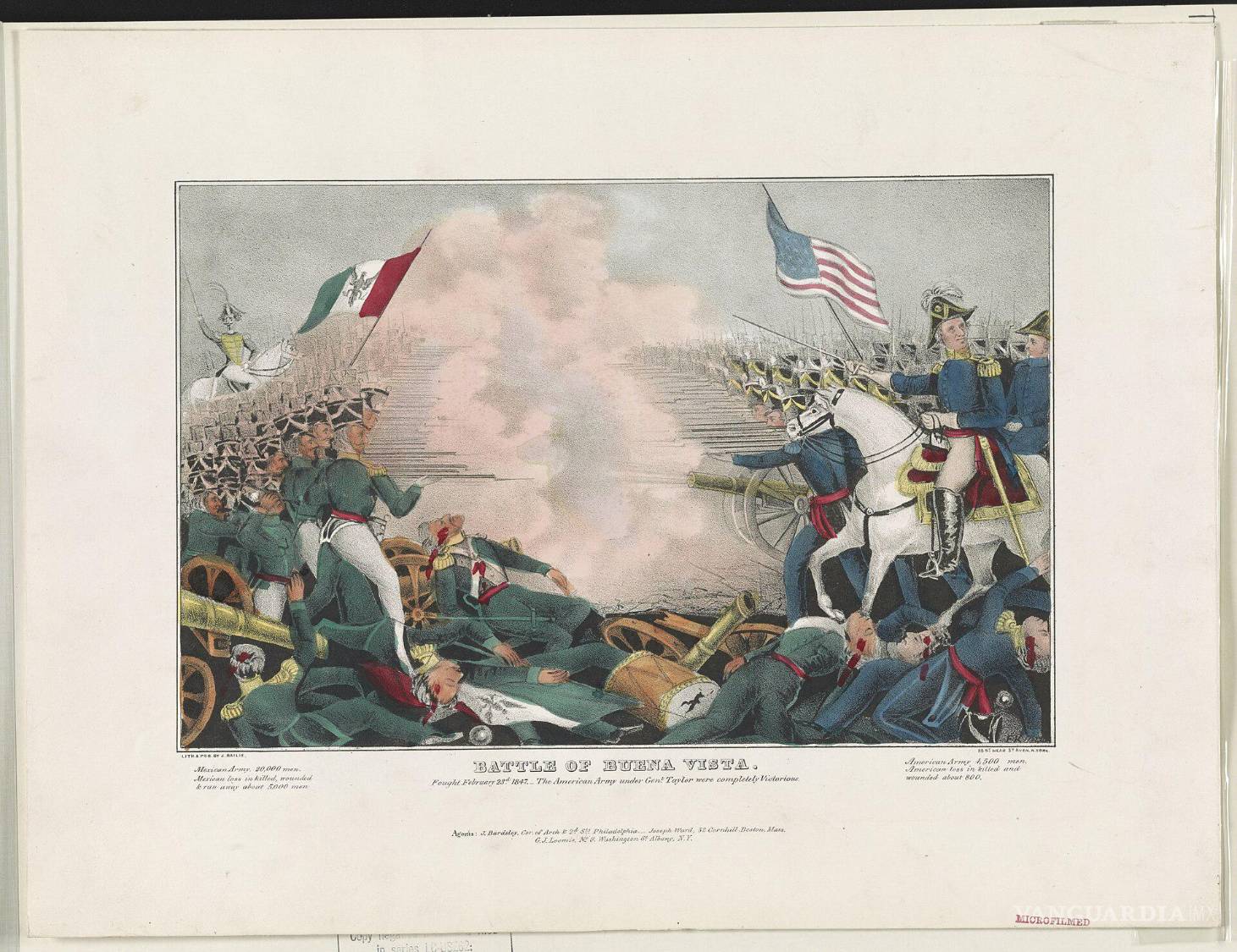 $!Litografía de la Batalla de Buena Vista, o La Angostura, librada el 23 de febrero de 1847. La imagen, publicada en Nueva York por J. Baillie, presenta una visión abiertamente triunfalista del combate y proclama que el ejército estadounidense bajo el mando de Zachary Taylor obtuvo una “victoria completa”.