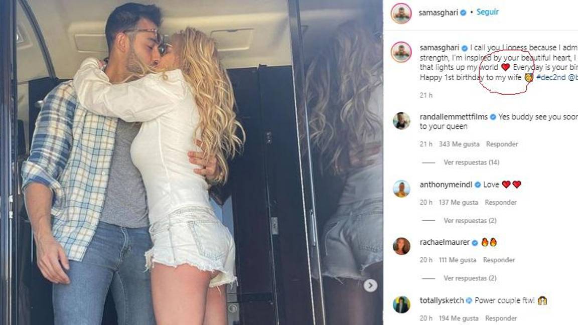 $!Sam Asghari en su publicación de Instagram ya le llama esposa.
