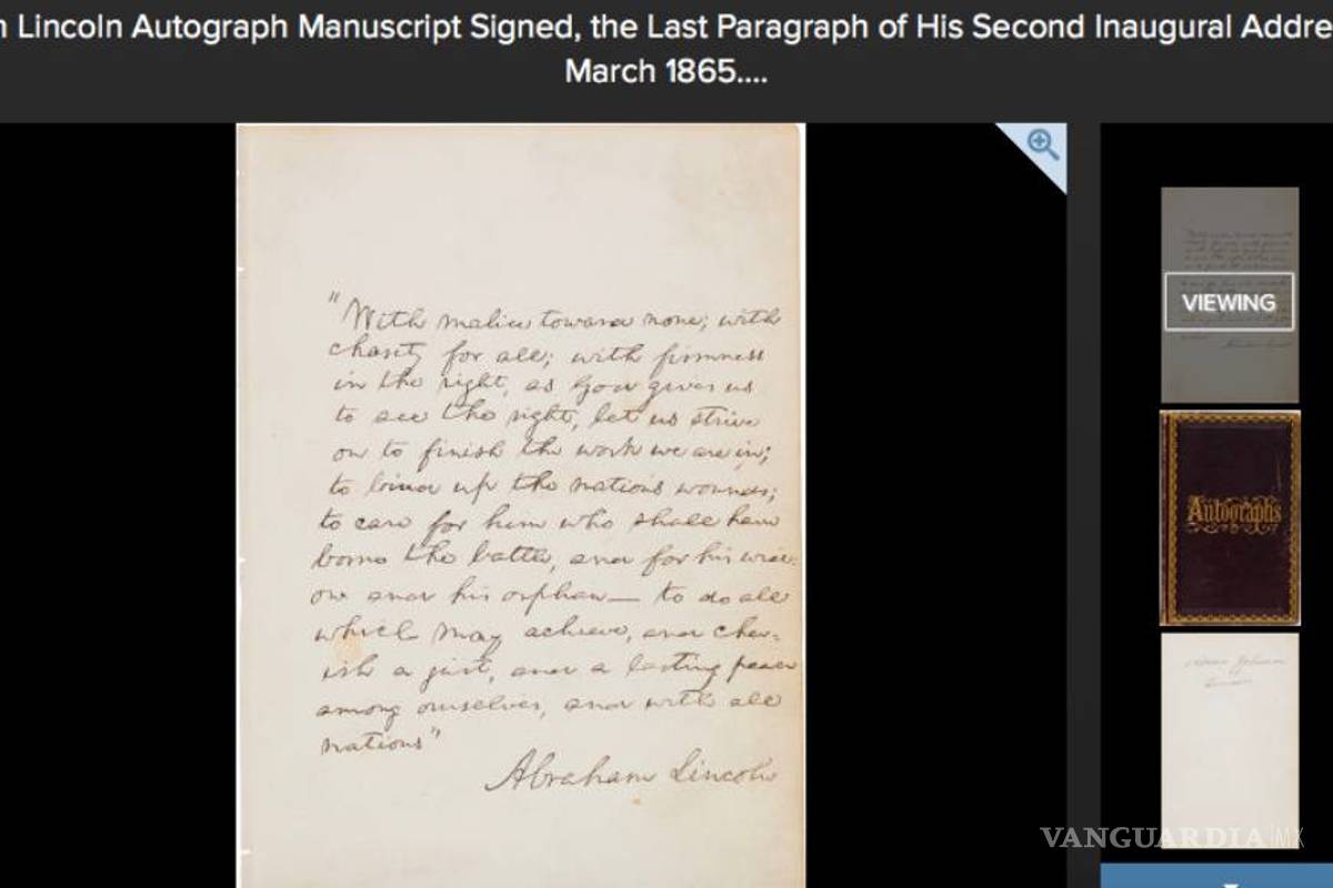 Subastan un manuscrito de Lincoln en 2.2mdd
