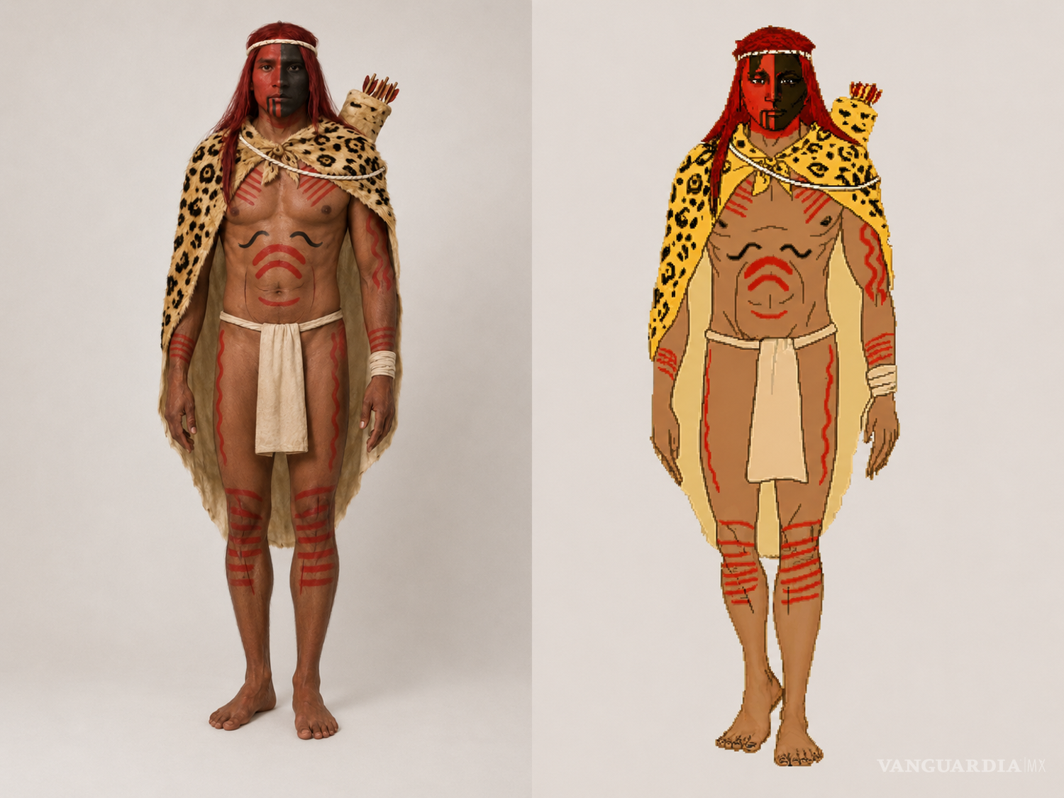 $!Representación artística de Zapalinamé, caudillo huachichil asociado con la resistencia indígena contra la ocupación española del valle de Saltillo a finales del siglo XVI. Más que un retrato histórico, la imagen simboliza a los pueblos que defendieron un territorio que la colonización buscó ocupar, evangelizar y convertir en tierra productiva. A la derecha, una representación gráfica tradicional; a la izquierda una recreación con IA.
