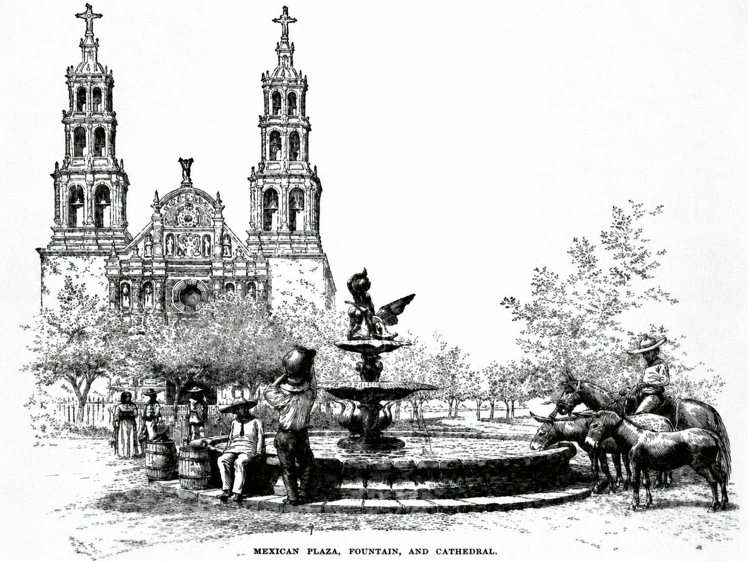 $!Una plaza, una fuente y una catedral abren el itinerario mexicano del libro. La edición de 1887 no identifica esta escena como una vista de Saltillo; por ello debe entenderse como una representación general de México y no como una imagen comprobada de la Catedral de Saltillo, aunque sí es una alusión. Todo indica que es una representación cercana al Plaza de Armas que conocemos hoy en día visto desde el Palacio de Gobierno.