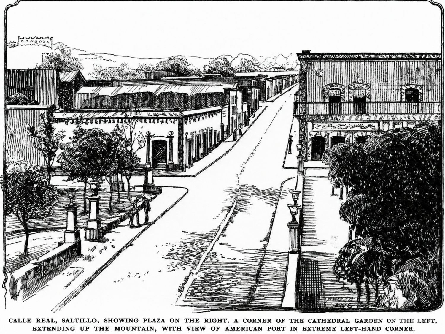 $!La antigua Calle Real —identificada posteriormente con la actual calle Hidalgo— asciende entre la plaza, a la derecha, y el jardín de la Catedral, a la izquierda. La leyenda original señala además, en el extremo superior izquierdo, el llamado fuerte americano.