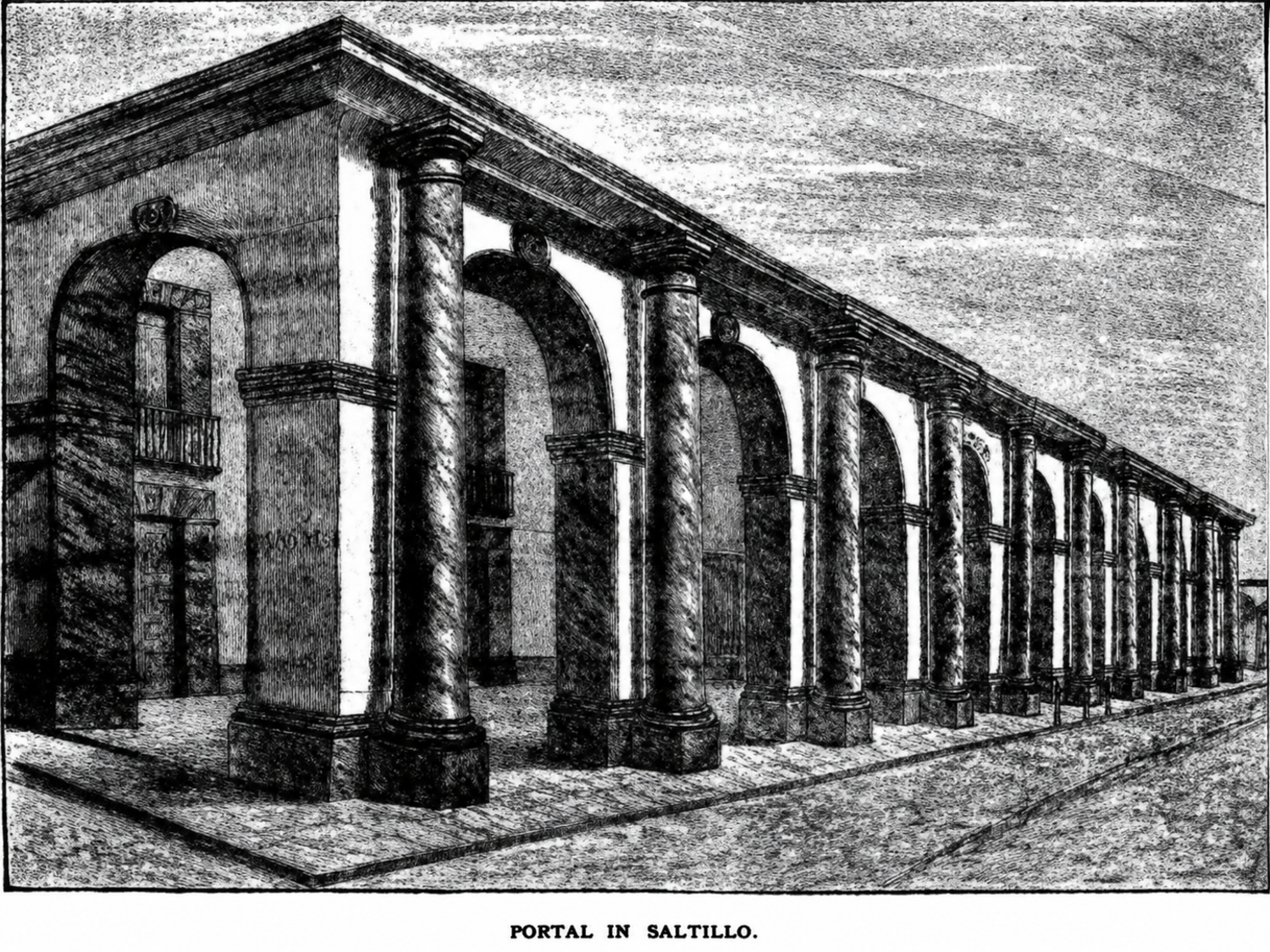 $!Arcos, columnas y corredores integran este portal de Saltillo reproducido en el libro de Fanny. La imagen no representa la casa de Pomposita ni un episodio específico, pero ayuda a reconstruir el escenario urbano donde se produjeron los encuentros y redes femeninas narrados por la autora.