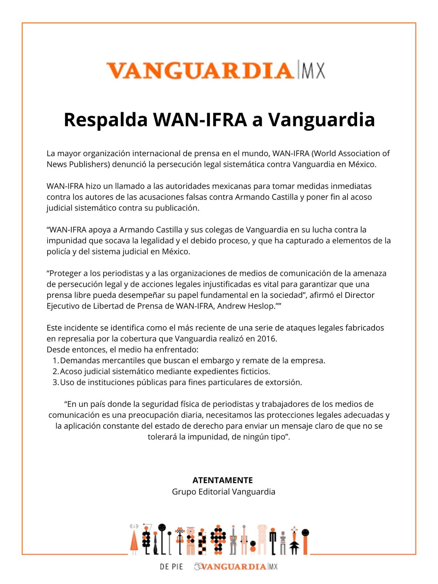 $!Expresa WAN-IFRA preocupación por persecución judicial contra VANGUARDIA