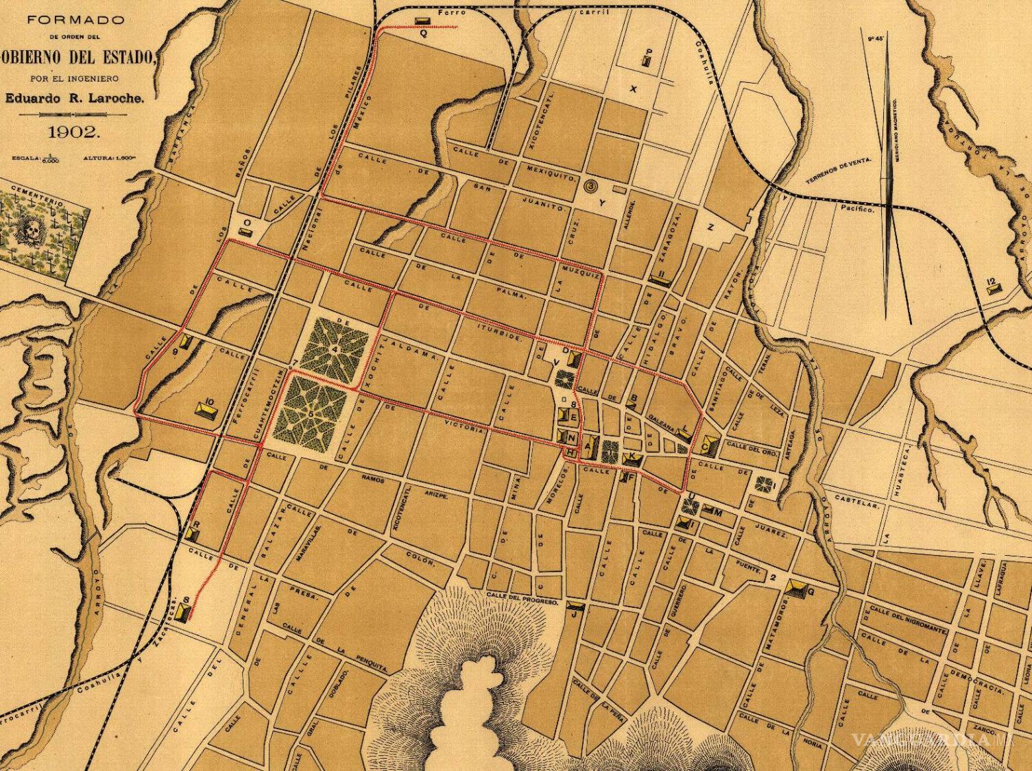 $!Plano de la ciudad levantado en 1902, las huertas y terrenos de cultivo comienzan a reducirse, sobre todo hacia el oriente y sur.