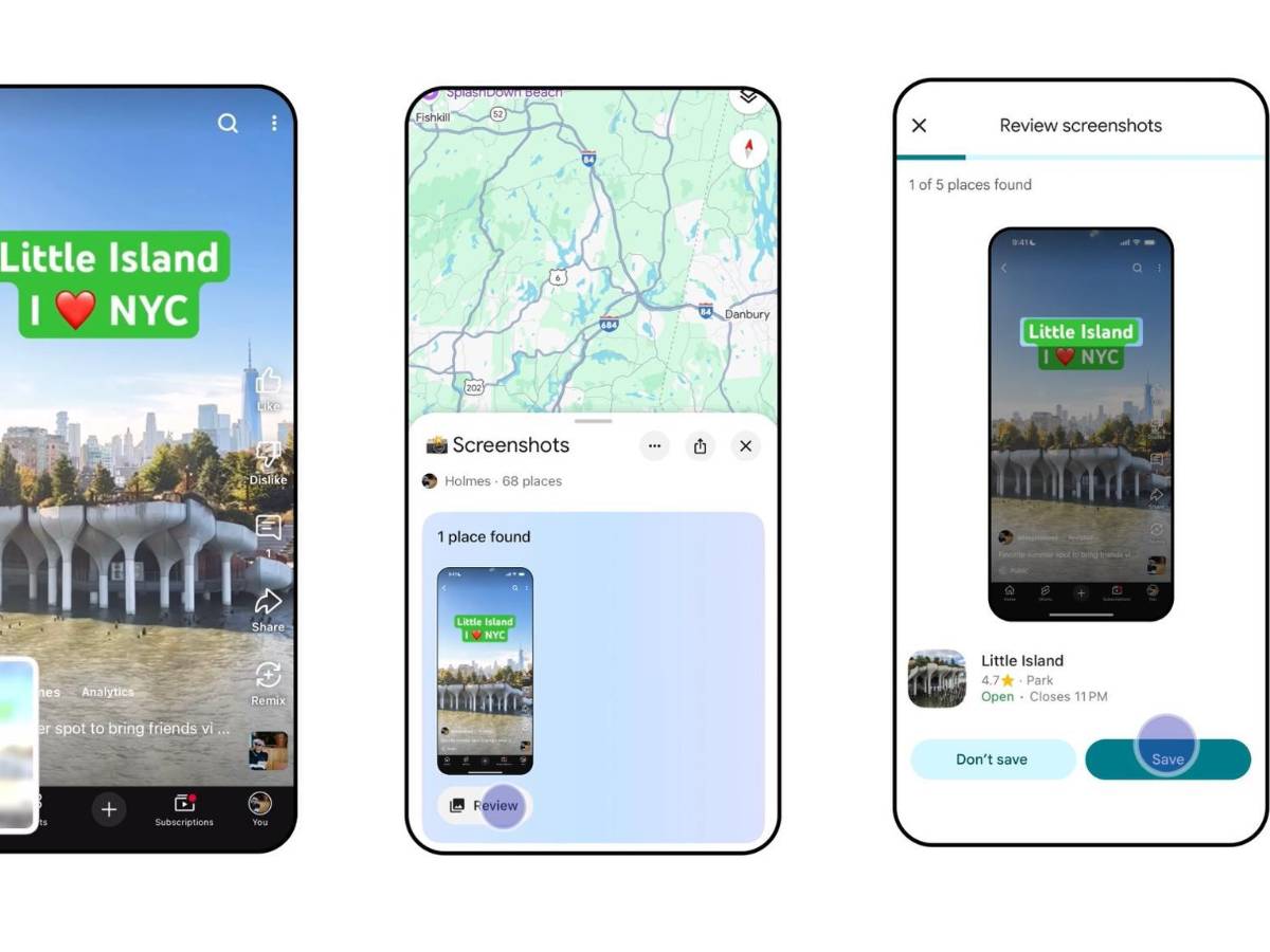 $!Composición de tres imágenes donde se ilustra los pasos que usa Gemini para permitir a Google Maps guardar información de capturas de pantalla.