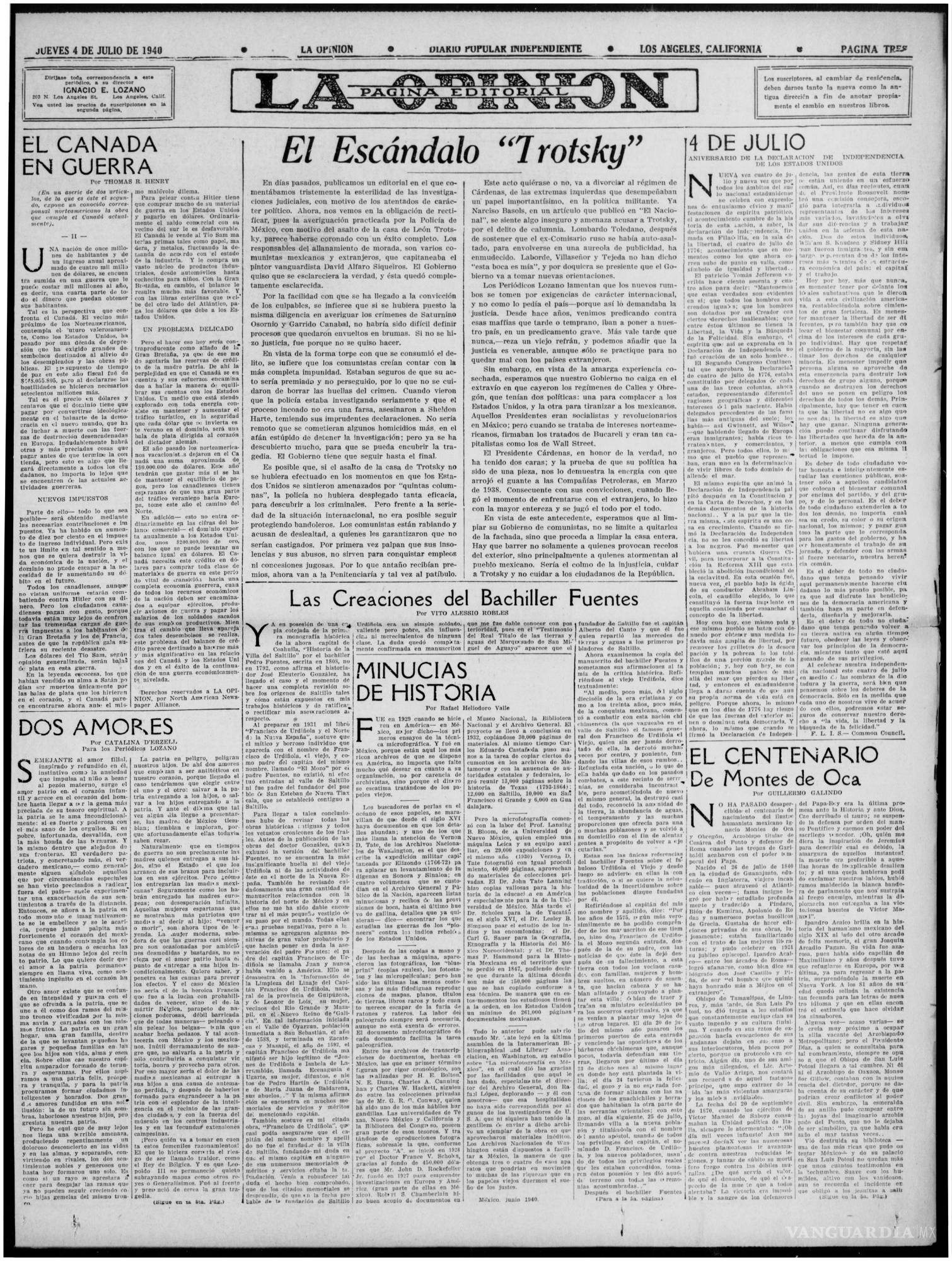 $!Plana y artículo del periódico La Opinión de Los Ángeles del 4 de julio de 1940, donde Vito Alessio Robles corrige al bachiller Fuentes.