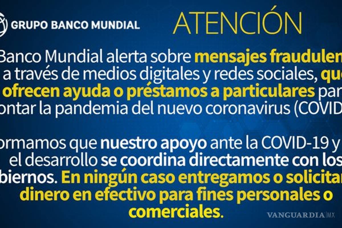 El Banco Mundial advierte uso de COVID-19 para estafar