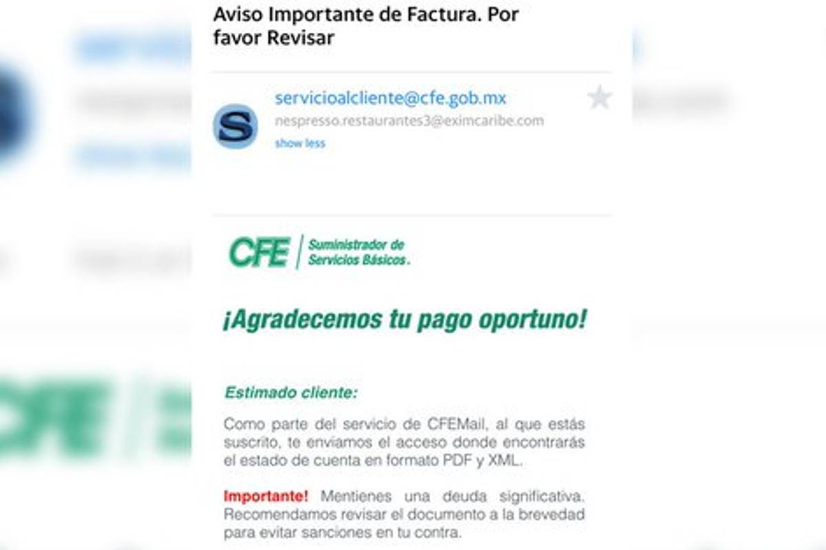 Alerta CFE sobre correos electrónicos fraudulentos