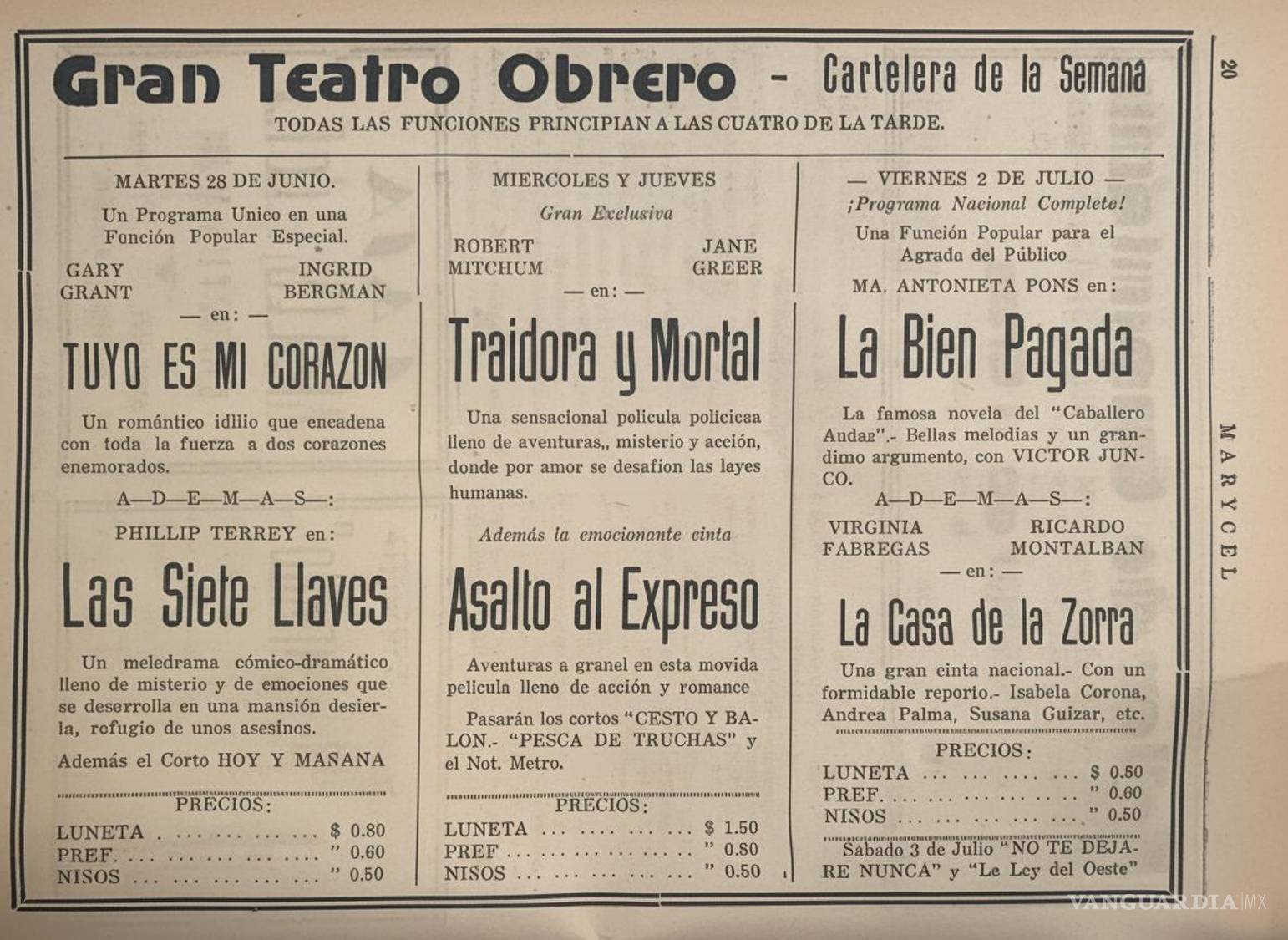 $!Cartelera cinematográfica de la última semana de junio de 1948.