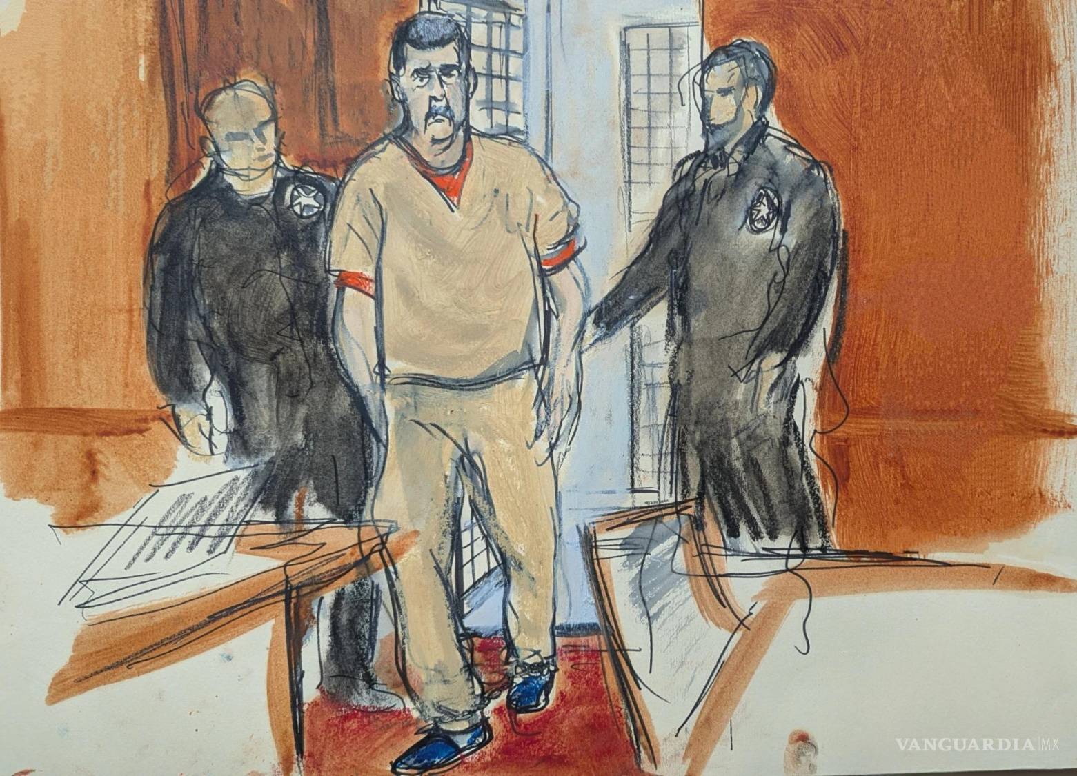 $!El expresidente venezolano Nicolás Maduro es escoltado a una sala de un tribunal federal de Manhattan, el jueves 26 de marzo de 2026, en Nueva York.