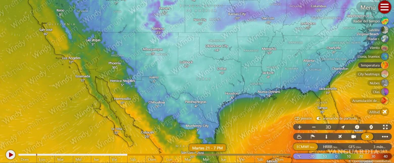 $!La herramienta digital Windy muestra cómo se vería la tormenta invernal que afectará Canadá, Estados Unidos y el norte de México.