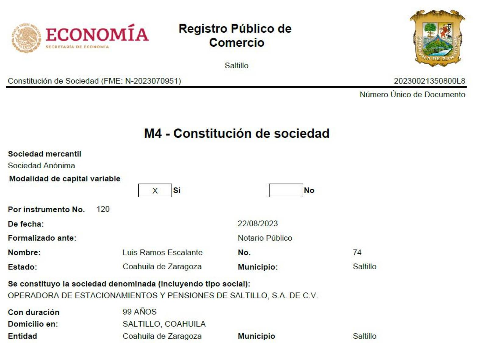 $!Este es el documento de constitución de sociedad de la empresa que opera el estacionamiento donde estuvo la Sociedad Manuel Acuña.