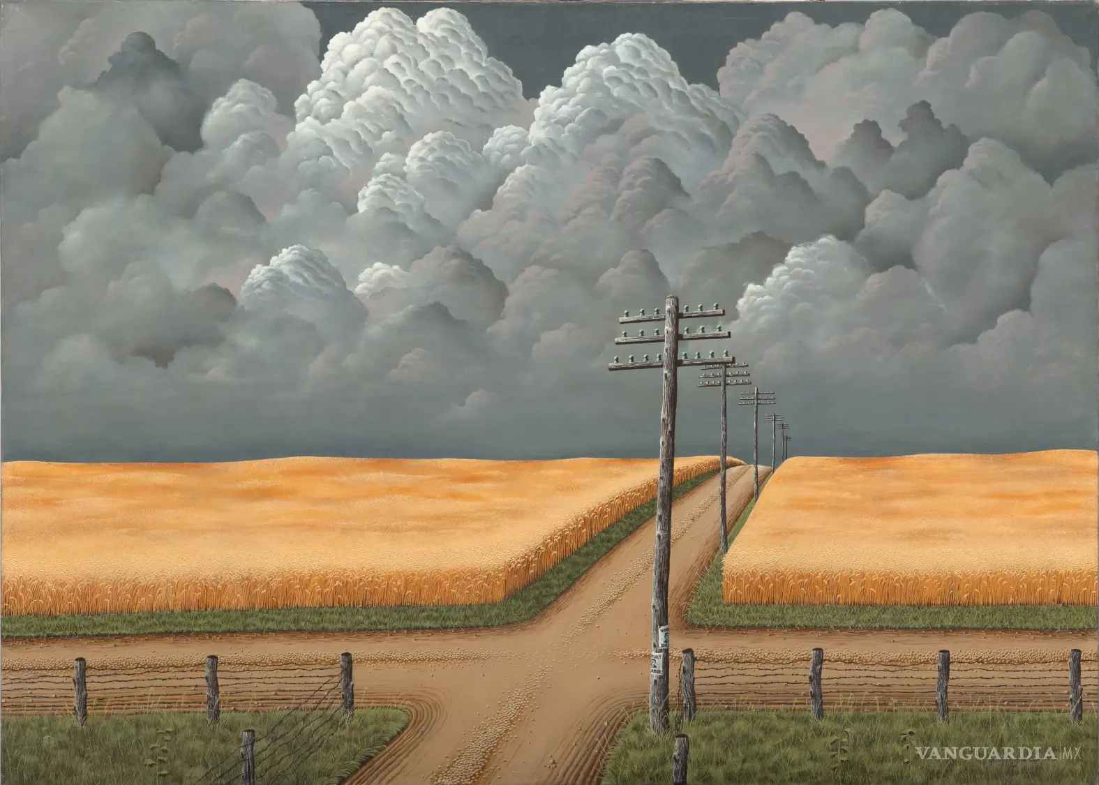 $!En Gray and Gold (1942), el pintor estadounidense John Rogers Cox convirtió una hilera de postes telefónicos en el eje de un paisaje rural amenazado por la tormenta. La geometría de las comunicaciones atraviesa los campos de trigo, mientras un pequeño cartel electoral en el primer poste recuerda que incluso los paisajes aparentemente deshabitados tienen una dimensión política.