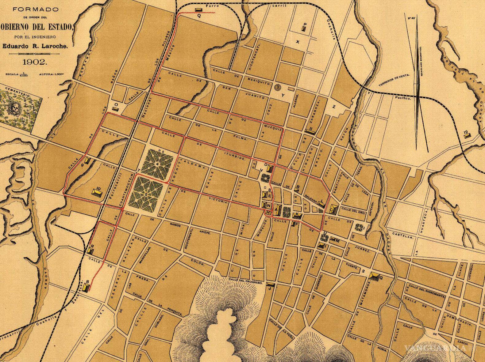 $!Plano de la ciudad levantado en 1902, las huertas y terrenos de cultivo comienzan a reducirse, sobre todo hacia el oriente y sur.