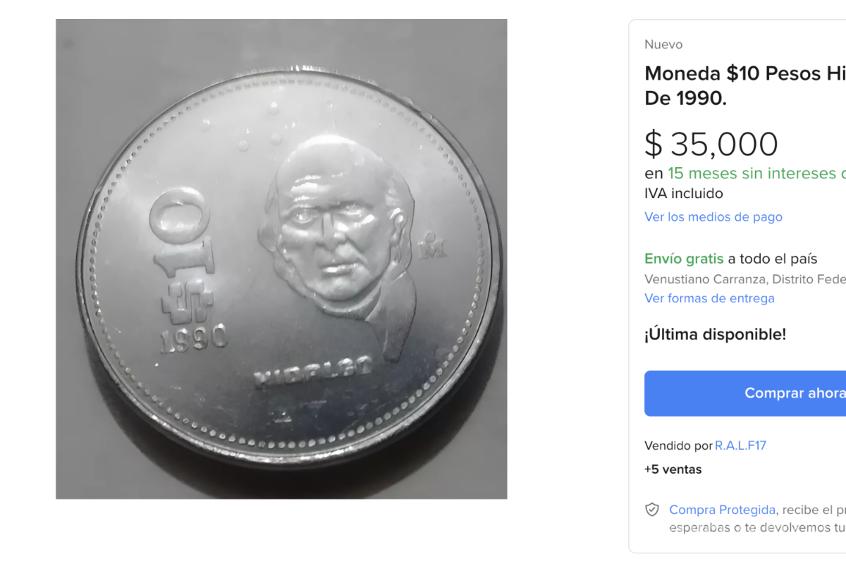 Moneda de 10 pesos con Hidalgo de 1990 se vende por $35,000 en internet