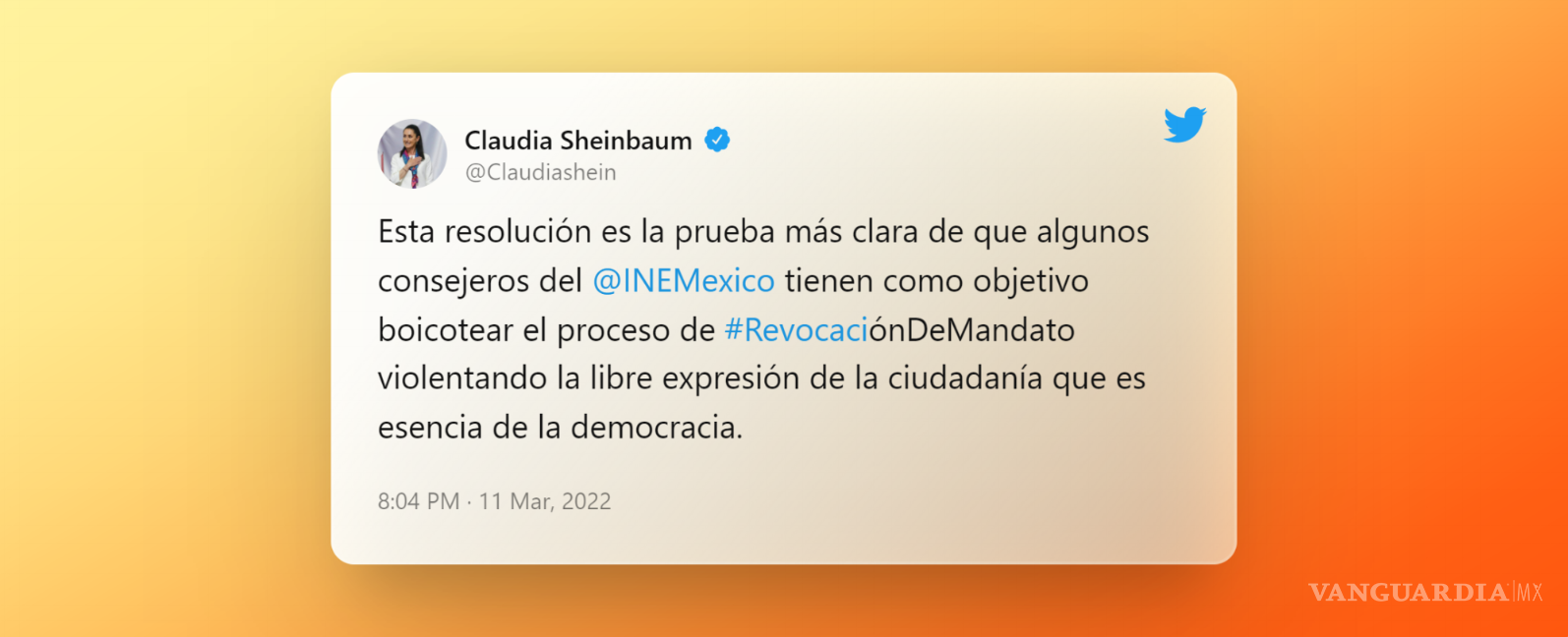 $!Captura de pantalla de la publicación de Claudia Sheinbaum en Twitter sobre la consulta de revocación de mandato.