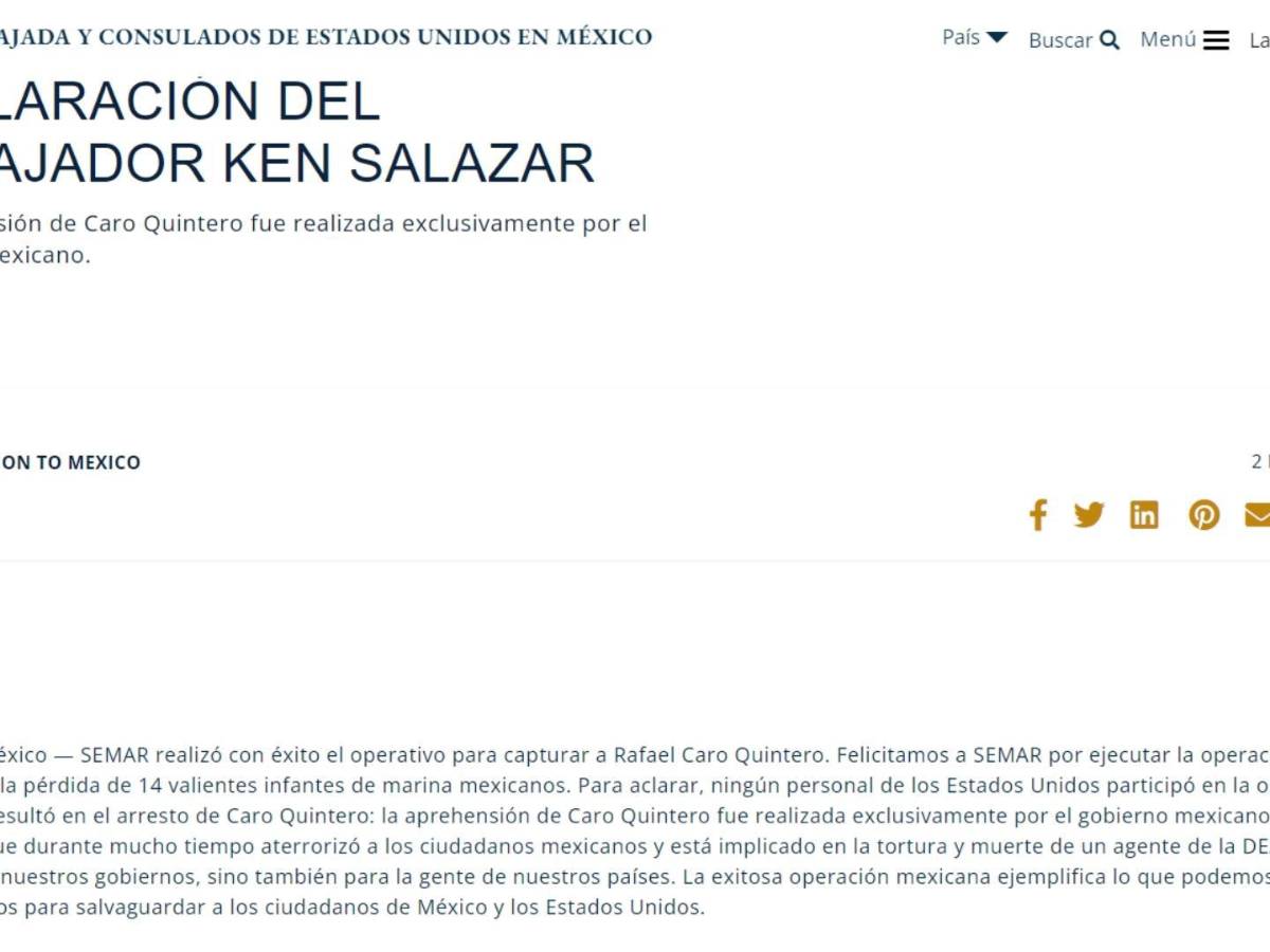 $!DEA participó en captura de Caro Quintero... pero Ken Salazar dice que fue ‘exclusiva’ de México