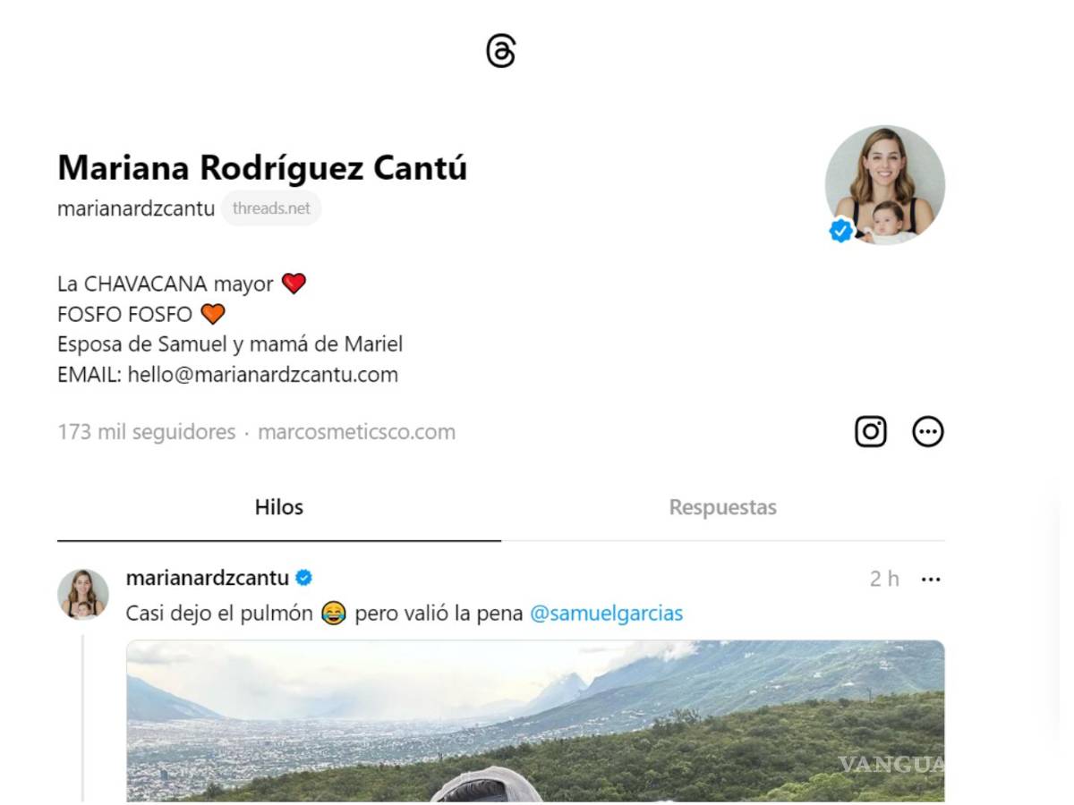 $!Aspectos del perfil de Mariana Rodríguez en Threads.