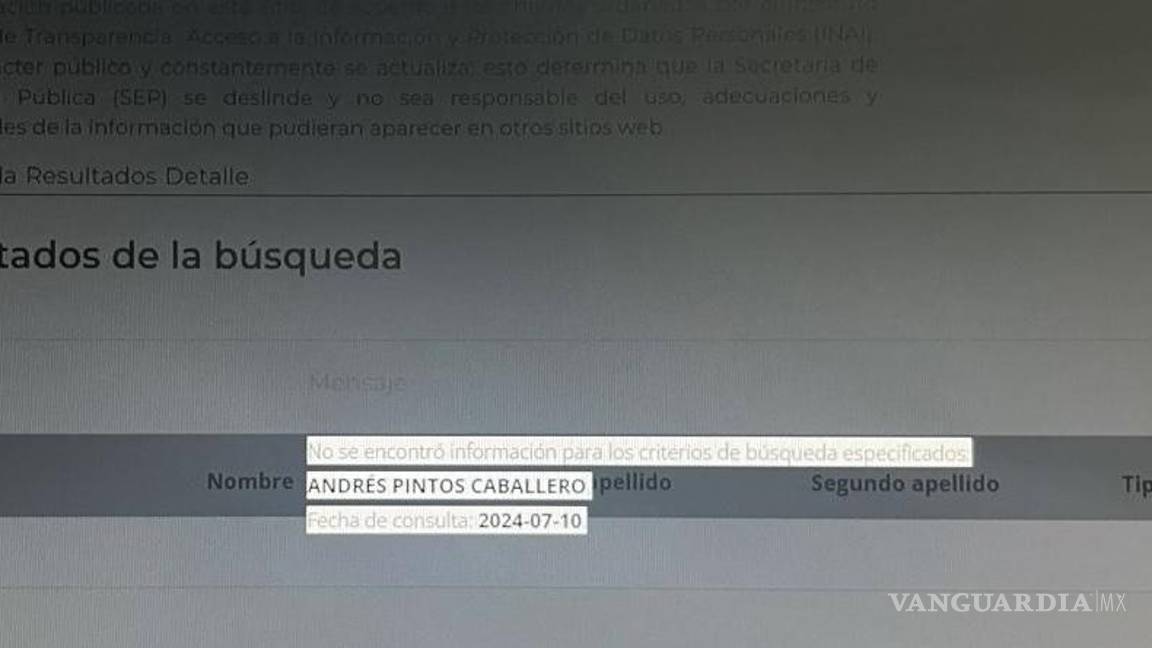 $!En esta consulta ante el registro de títulos de la SEP, no aparece el de Andrés Pintos Caballero.