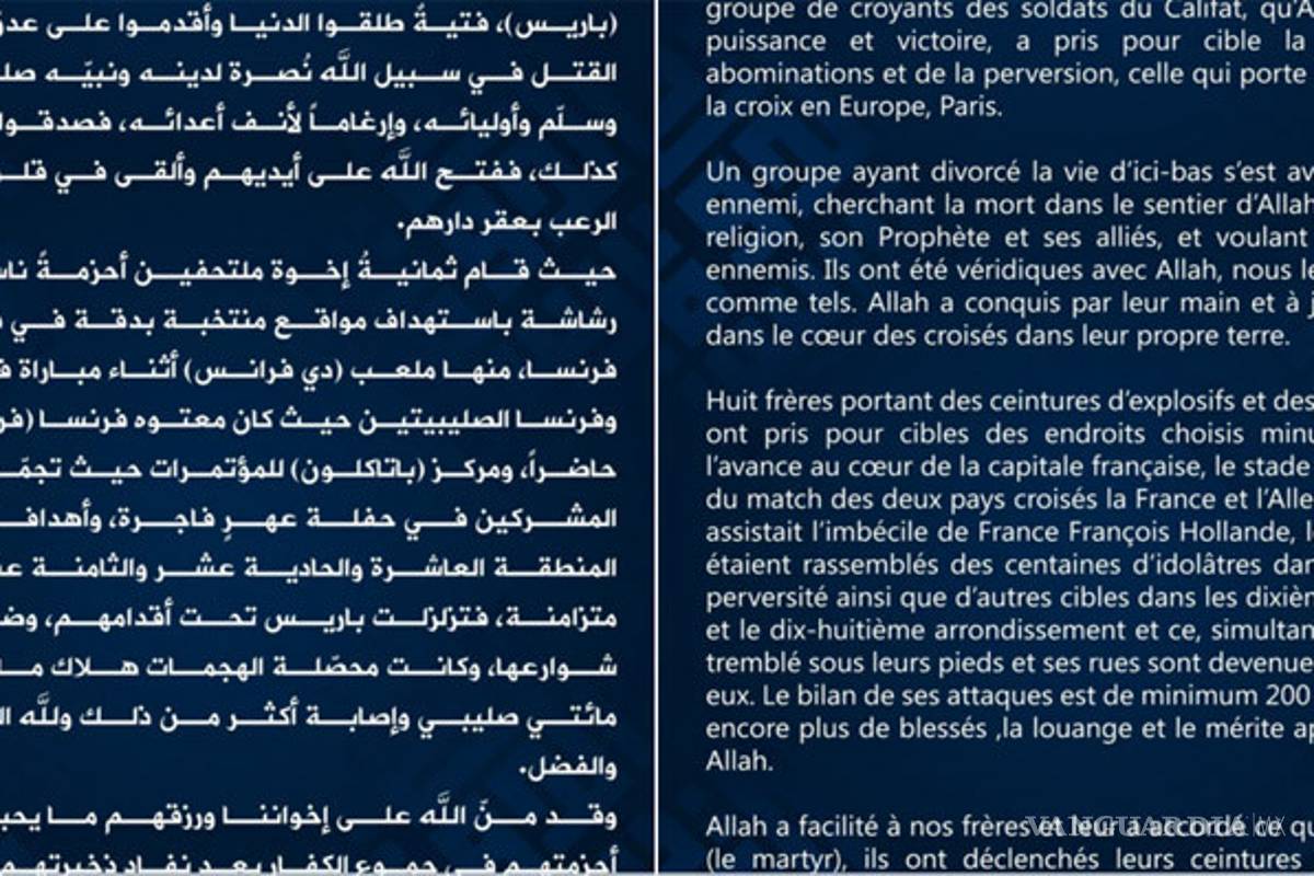 El comunicado con el que ISIS se adjudica los atentados en París
