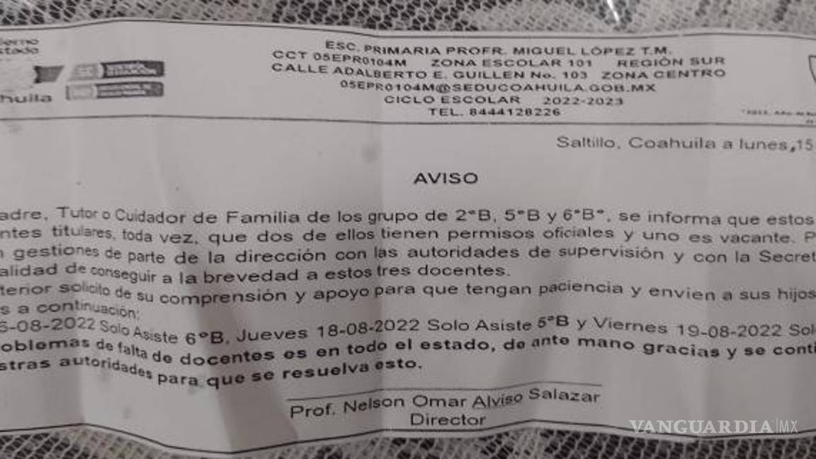 $!La notificación fue enviada desde el pasado 15 de agosto y señala que los grupos asistirán un día de la semana porque el problema está presente en todo el estado.