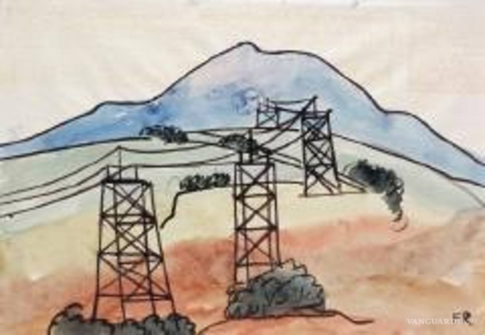 $!En Líneas de alta tensión (1924), Fermín Revueltas coloca tres torres eléctricas frente a un paisaje montañoso. La infraestructura ocupa el primer plano y altera la jerarquía tradicional de la pintura de paisaje: la naturaleza deja de ser protagonista para convertirse en el fondo de una nueva geografía industrial.