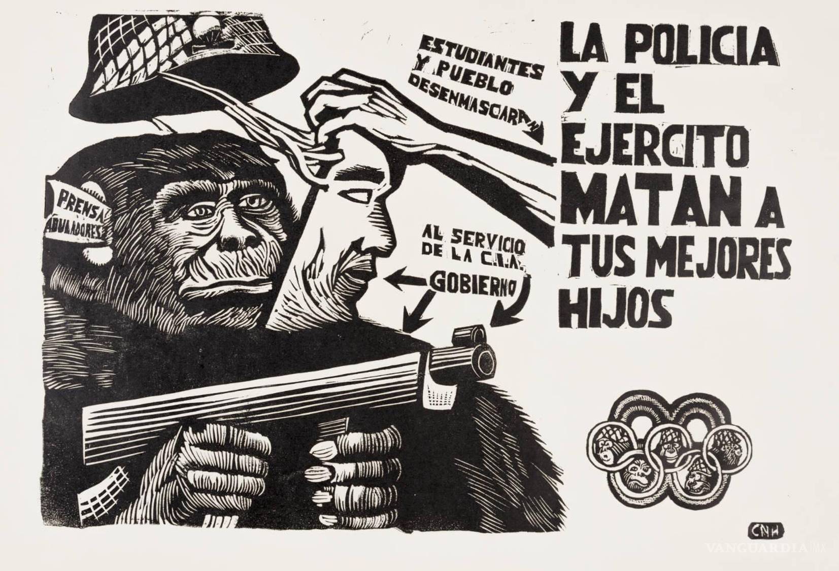 $!El movimiento utilizó como estrategia representar al gobierno de Díaz Ordaz y sus fuerzas armadas como un poder simiesco. Este estereotipo atribuía al gorila la degradación de la humanidad y el uso de la fuerza bruta. Su utilización fue también común en las dictaduras latinoamericanas de los sesenta y setenta, que se describían como “Gorilatos”.