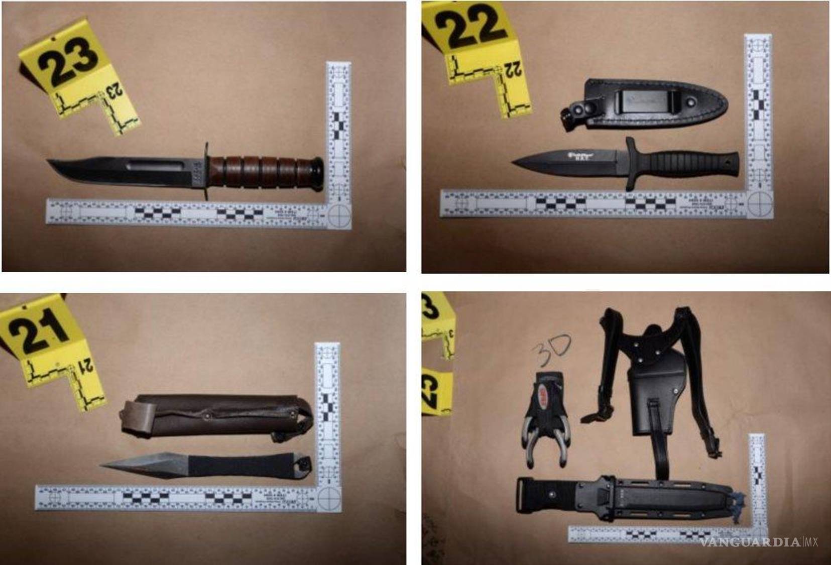 $!Fotografía difundida por el Departamento de Justicia de EU que muestra varios cuchillos que fueron recuperados tras el arresto del asaltante de la gala de corresponsales de la Casa Blanca.