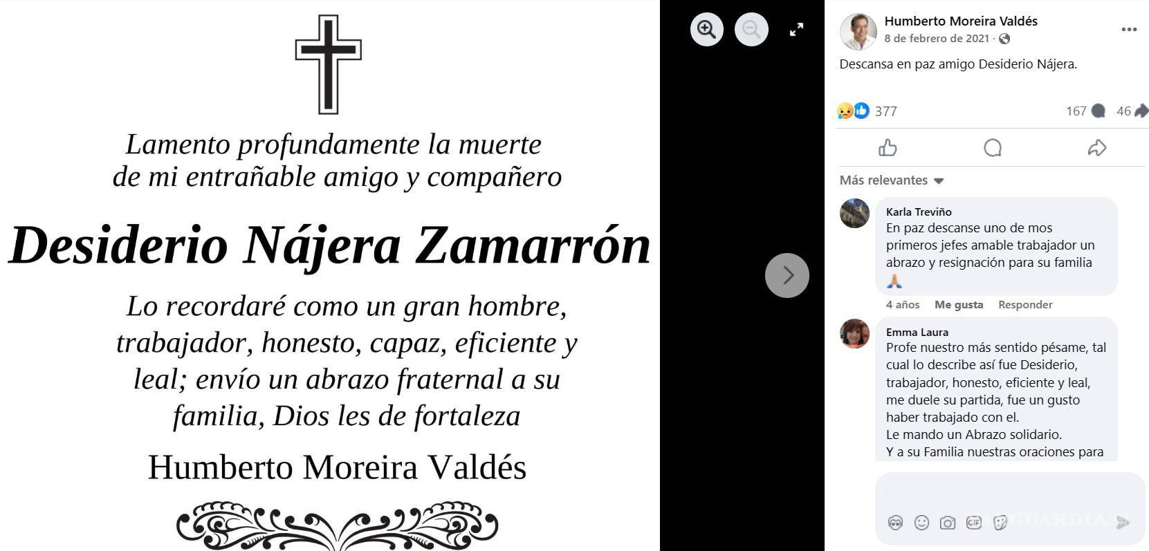 $!Esta fue la esquela que Humberto Moreira compartió en sus redes sociales tras el deceso de Desiderio Nájera.