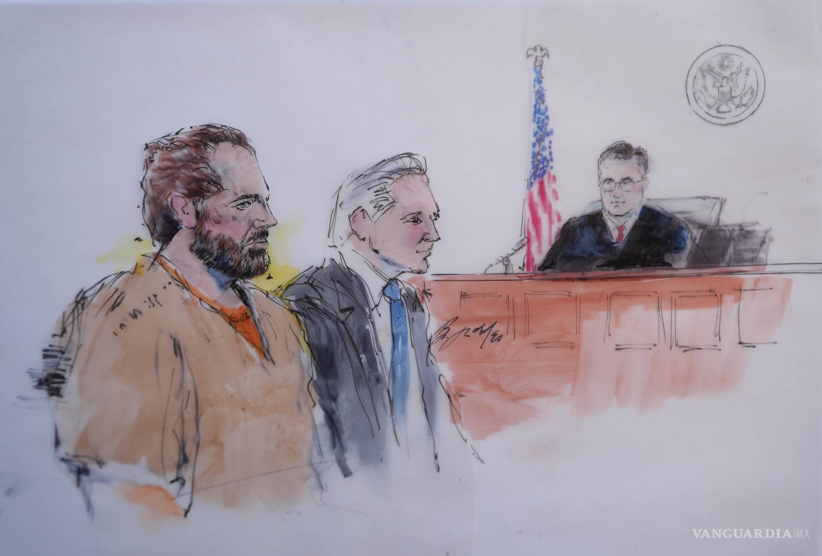 $!Boceto de la sala del tribunal, Ryan Wedding (i), acusado de dirigir una extensa red de tráfico de cocaína durante la primera comparecencia en Santa Ana, California.