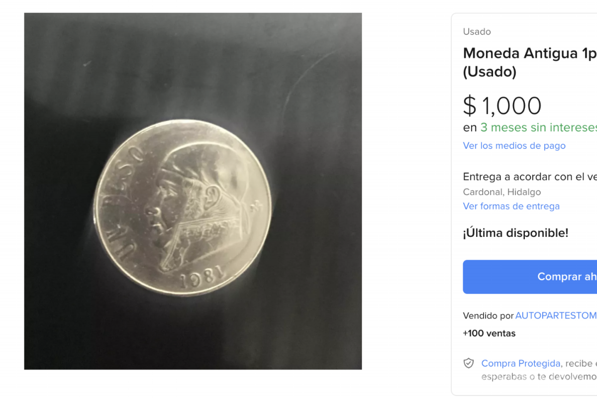 Valiosa moneda mexicana de $1 se vende en mil pesos por internet