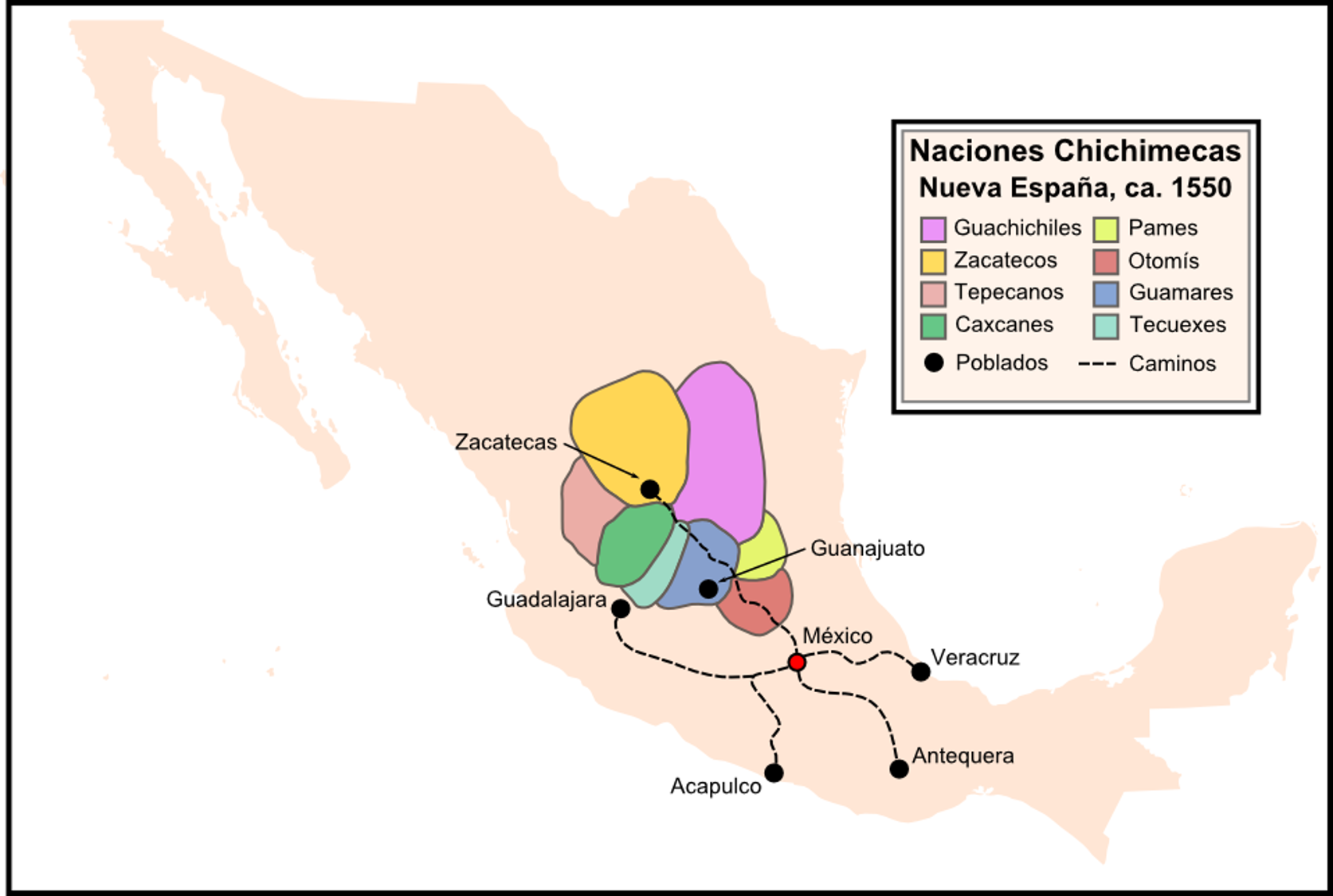 $!Representación contemporánea de la distribución aproximada de distintos pueblos llamados “chichimecas” hacia 1550. El término agrupó a sociedades diversas del norte novohispano y no designó una sola nación ni territorios con fronteras fijas. Aunque el mapa no alcanza a representar con detalle la región de Saltillo, ayuda a situarla dentro de una frontera más amplia, donde la expansión colonial enfrentó resistencia, movilidad indígena y una prolongada disputa por la tierra.
