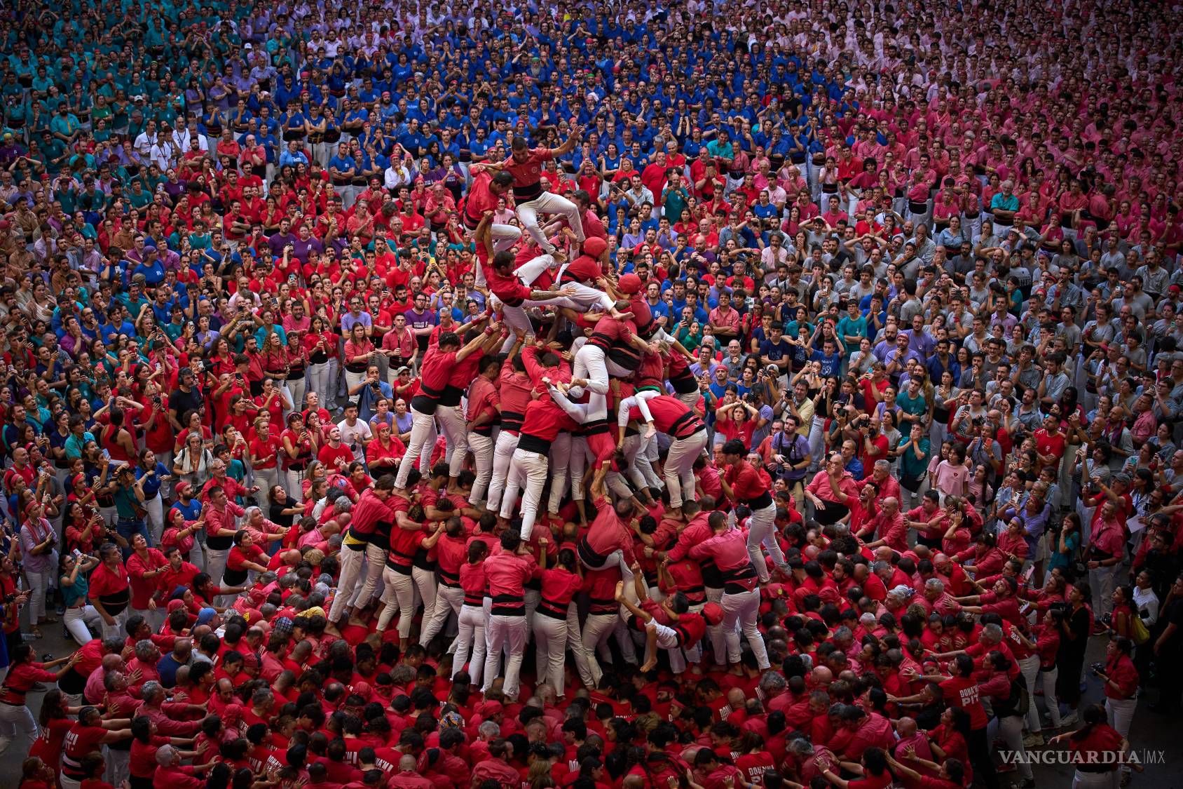 $!Miembros de los Castellers Joves de Valls caen mientras intentaban formar un “castell” —o torre humana— durante el 30.º Concurs de Castells (Concurso de Torres Humanas) en Tarragona, España, el domingo 4 de octubre de 2026. (Foto AP/Emilio Morenatti)