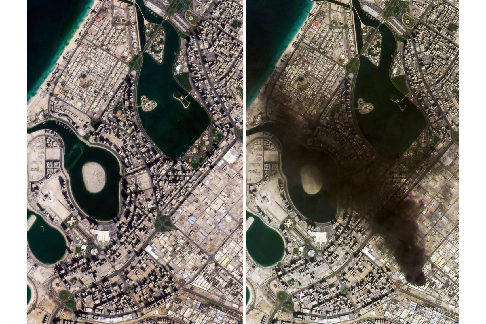 $!Esta combinación de imágenes satelitales proporcionadas por Planet Labs PBC muestra Dubái, Emiratos Árabes Unidos la izquierda.