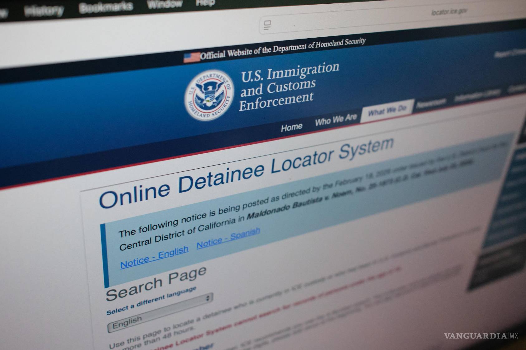 $!El sitio web del Servicio de Inmigración y Control de Aduanas de EU utilizado para localizar a una persona bajo custodia migratoria en Nueva York.