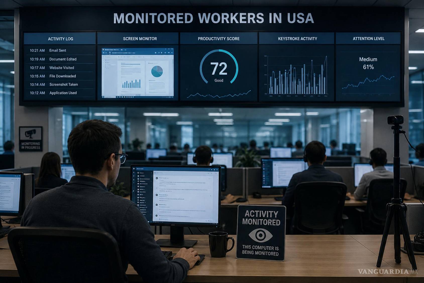 $!Fotografía creada a través de la inteligencia artificial para ilustrar la vigilancia sobre los trabajadores.