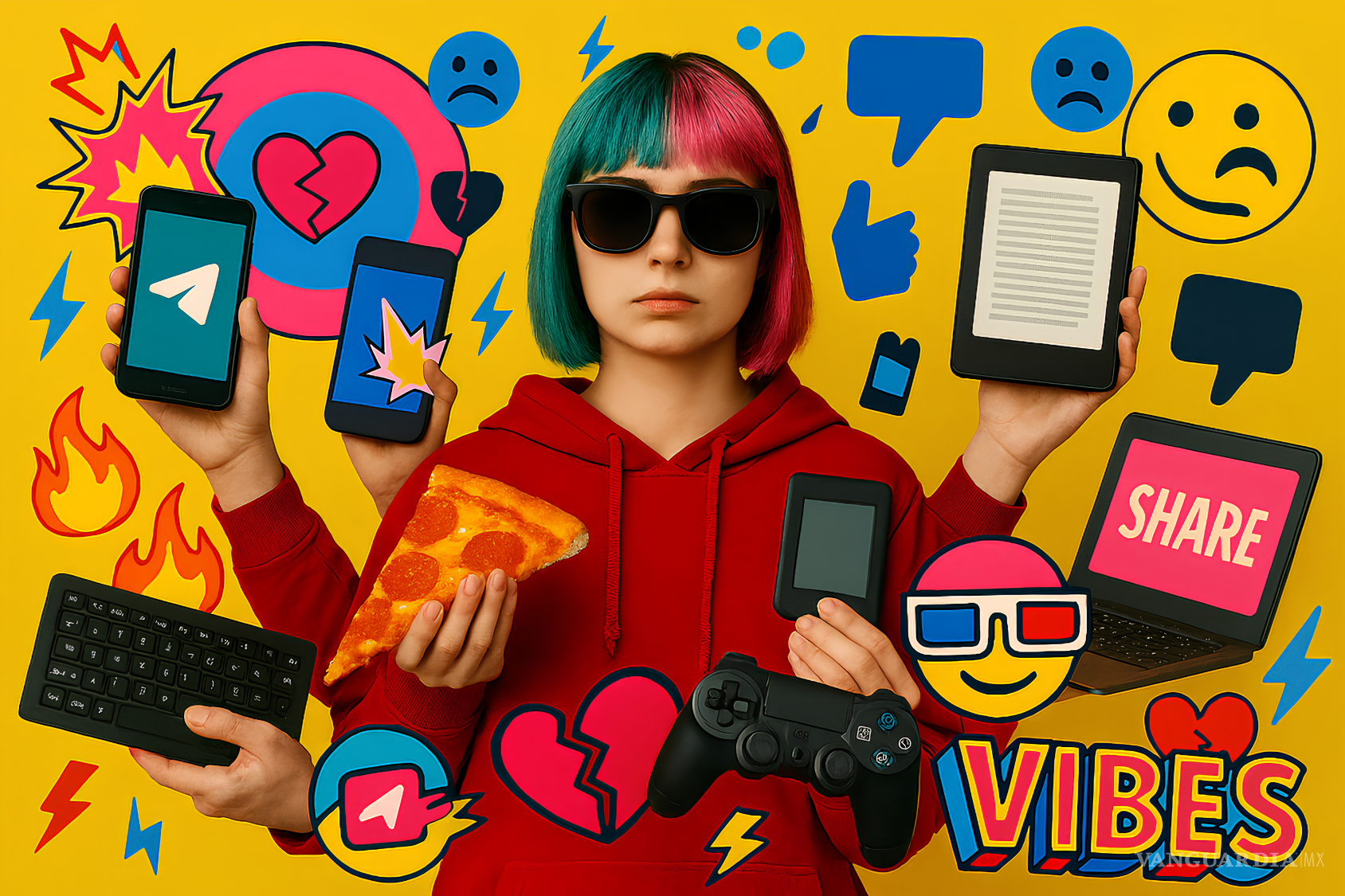 $!El yo hiperconectado como espejismo de acción: pizza en una mano, pantallas en las otras, emociones pixeladas. No es multitarea: es disolución. En la economía del clic, ¿todavía queda algo que no sea interfaz?