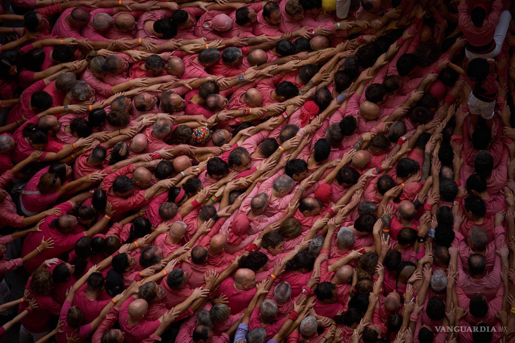 $!Miembros de Castellers Joves de Valls forman un “castell” o torre humana, durante el 30º Concurs de Castells o Concurso de Torres Humanas, en Tarragona, España, el domingo 4 de octubre de 2026. (Foto AP/Emilio Morenatti)